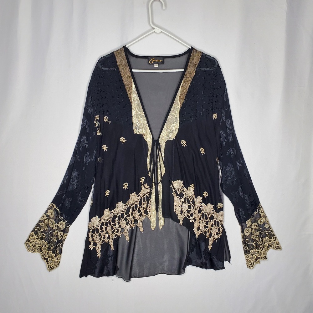 Carina Sheer Black Gold Embroidered Lace Tie Front Cardigan Whimsigoth Size 12